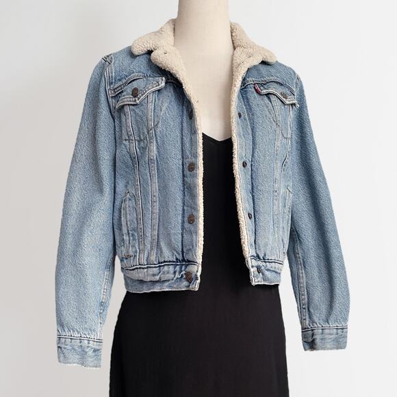 Levi's Original Sherpa Trucker Denim Jean Jacket Sz M Blue Light Wash Grunge - Picture 2 of 8